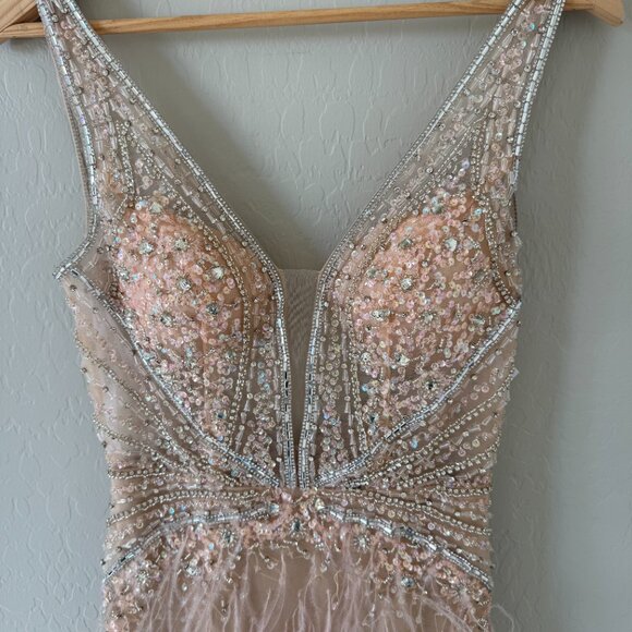 NWT - Jovani - 03023 Sheer Bodice Beaded Adorned Feather Fitted Evening Gown - 6 - Picture 5 of 8